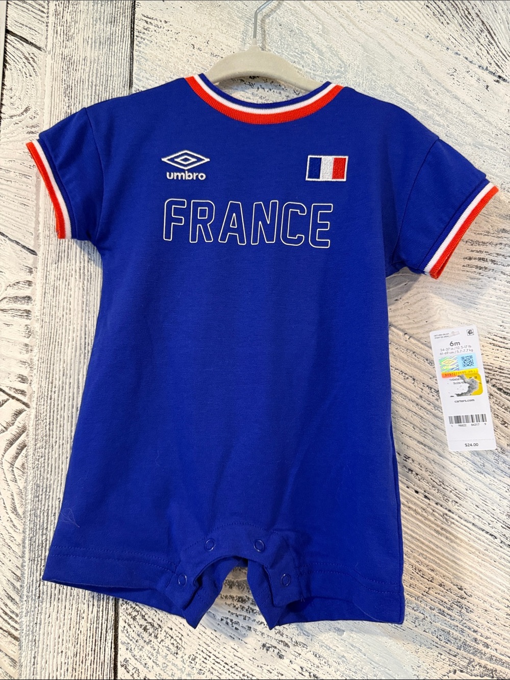 Umbro Carters France Royal Blue Baby One-Piece Romper with Red & White Trim